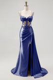 Corset Champagne Mermaid Beaded Long Prom Dress