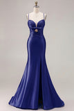 Fuchsia Mermaid Cut Out Satin Pleated Bowed Long Prom Dress with Slit