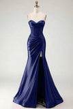Sweetheart Burgundy Mermaid Beaded Corset Plus Size Long Prom Dress with Slit