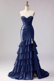 Red Mermaid Sweetheart Beaded Corset Ruffled Long Prom Dress with Slit