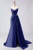 Royal Blue Strapless Mermaid Beaded Long Satin Prom Dress with Slit