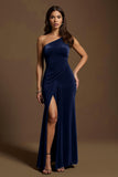Dark Green One Shoulder Mermaid Holiday Party Dress With Slit