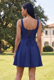 A-Line Blue Square Neck Homecoming Dress with 3D Flowers