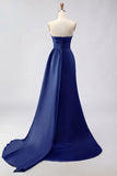 Royal Blue Strapless Mermaid Beaded Long Satin Prom Dress with Slit