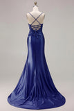 Fuchsia Mermaid Cut Out Satin Pleated Bowed Long Prom Dress with Slit