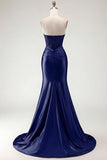 Champagne Sweetheart Beaded Mermaid Corset Ruched Long Prom Dress with Slit