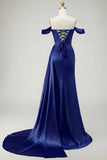 Golden Mermaid Off the Shoulder Beaded Pleated Satin Long Prom Dress with Slit