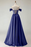 Off The Shoulder A Line Beaded Satin Purple Long Prom Dress with Slit