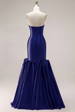 Fuchsia Strapless Satin Mermaid Long Prom Dress with 3D Flowers