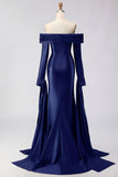 Dark Green Off The Shoulder Ruched Satin Mermaid Long Prom Dress with Long Sleeves