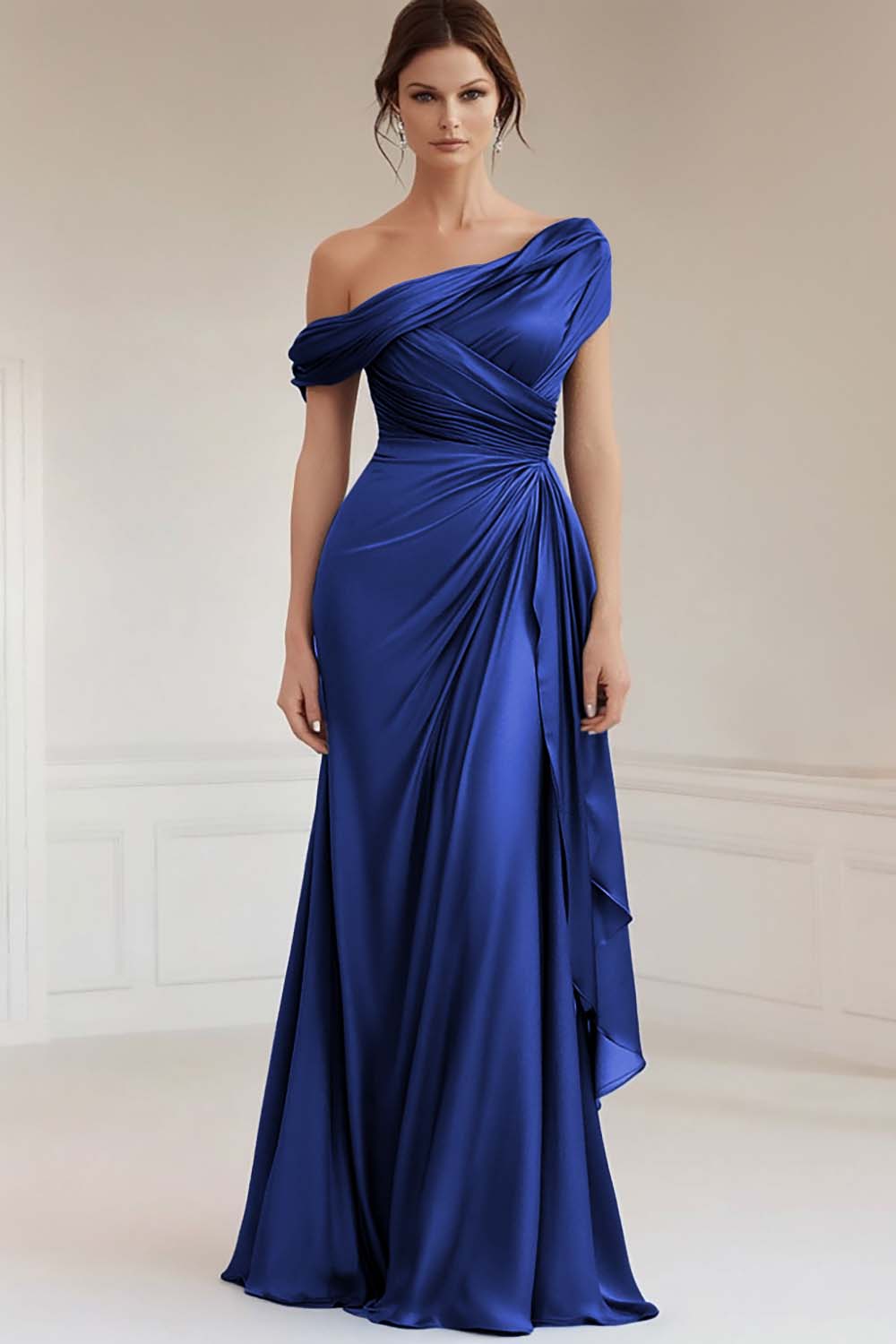 Zapaka Women Mermaid Grey Blue Mother Dress One Shoulder Satin Ruched Mother Of Bride Dress with Ruffles ZAPAKA Zapaka Women Mermaid Grey Blue Mother Dress One Shoulder Satin Ruched Mother Of Bride Dress with Ruffles ZAPAKA