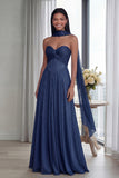 Sky Blue Strapless A Line Pleated Long Formal Dress with Ribbon