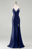 Royal Blue Mermaid Beaded Satin Long Prom Dress with Slit