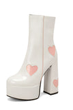 Black PU Leather Platform Chunky Block High Heel Boots with Pink Hearts