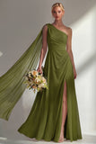Burgundy A Line One Shoulder Chiffon Long Bridesmaid Dress with Slit