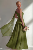 Burgundy A Line One Shoulder Chiffon Long Bridesmaid Dress with Slit