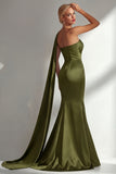 Burgundy Strapless Mermaid Satin Convertible Long Prom Dress with Streamer