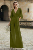 Simple Ivory V-Neck Wedding Jumpsuit with Pocket