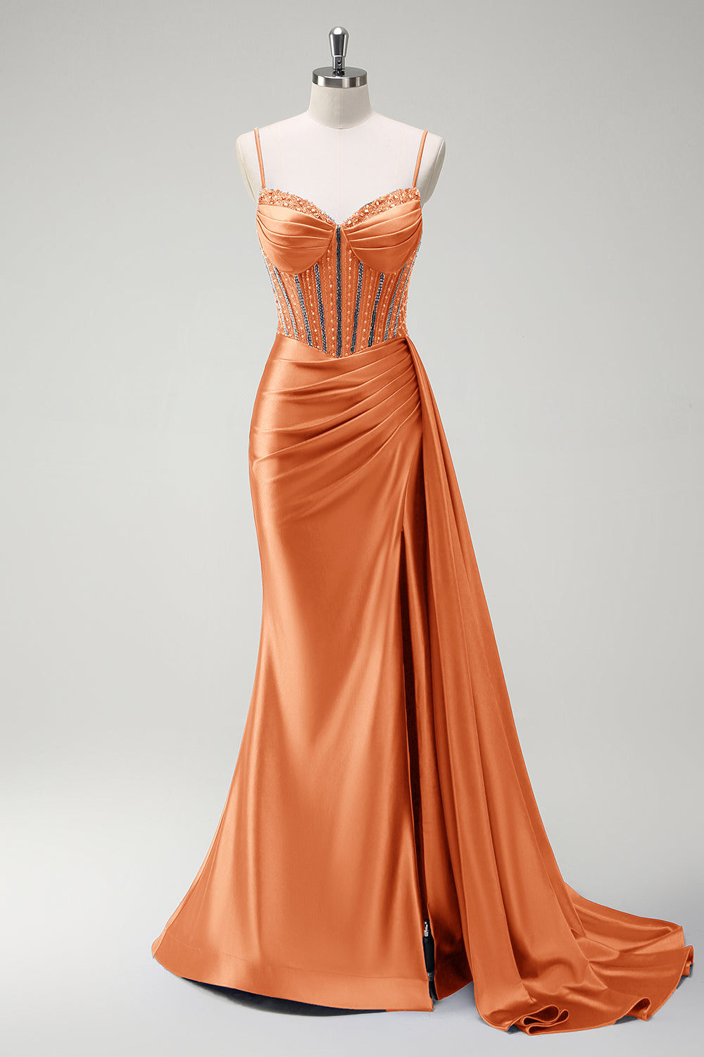 ZAPAKA Women Sparkly Royal Blue Long Prom Dress Mermaid Spaghetti Straps Corset Beaded Satin Evening Dress with Slit, Orange / US4 ZAPAKA Women Sparkly Royal Blue Long Prom Dress Mermaid Spaghetti Straps Corset Beaded Satin Evening Dress with Slit, Orange / US4