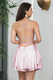 Cute Pink A Line Spaghetti Straps Lace-Up Back Short Graduation Dress