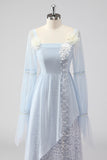 Lace Light Blue Chiffon Long Sleeves Spaghetti Straps Mother of the Bride Dress