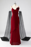 Red Spaghetti Straps Cape Sleeves Sheath Formal Dress