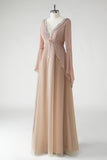 Blush A Line V Neck Chiffon Long Sleeves Mother of the Bride Dress with Beading