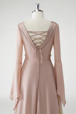 Blush A Line V Neck Chiffon Long Sleeves Mother of the Bride Dress with Beading