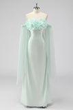 Light Green Strapless Cape Sleeves Sheath Wedding Guest Dress