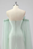 Light Green Strapless Cape Sleeves Sheath Wedding Guest Dress