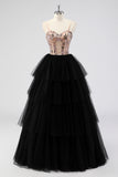 Black Tulle Tiered Spaghetti Straps Appliques A Line Long Prom Dress