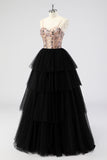 Black Tulle Tiered Spaghetti Straps Appliques A Line Long Prom Dress