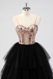 Black Tulle Tiered Spaghetti Straps Appliques A Line Long Prom Dress