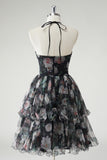 Black A Line Tiered Halter Floral Wedding Guest Dress With Detachable Hem