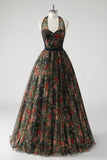 A Line Floral Printed Halter Dark Green Wedding Guest Dress