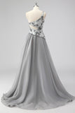 Grey A Line One Shoulder Hollow-out Long Prom Dress with Beading