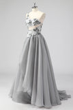 Grey A Line One Shoulder Hollow-out Long Prom Dress with Beading