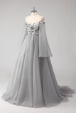 Cold Shoulder Grey Appliques Chiffon A Line Long Sleeves Porm Dress