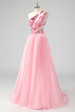 Pink One Shoulder Hollow Out A Line Appliques Long Prom Dress