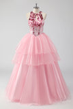 Sparkly Pink Halter Corset Appliques Tiered Long Prom Dress