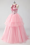 Sparkly Pink Halter Corset Appliques Tiered Long Prom Dress