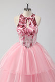 Sparkly Pink Halter Corset Appliques Tiered Long Prom Dress