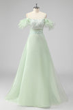 A Line Light Green Off The Shoulder Sequins Wedding Guest Dress