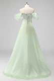 A Line Light Green Off The Shoulder Sequins Wedding Guest Dress