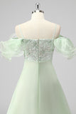 A Line Light Green Off The Shoulder Sequins Wedding Guest Dress