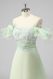 A Line Light Green Off The Shoulder Sequins Wedding Guest Dress