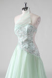 Light Green Sequins A Line Strapless Ruched Wedding Guest Dress