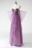 A Line Off The Shoulder Purple Sequins Wedding Guest Dress