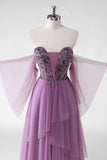 A Line Off The Shoulder Purple Sequins Wedding Guest Dress