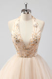 A Line Tiered Champagne Halter Beaded Formal Dress